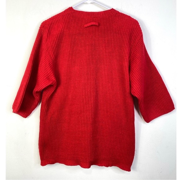 Vintage 70s Ribbed Knit Fitted Sweater 3/4 Sleeves Cherry Red Pocket M - Picture 3 of 12